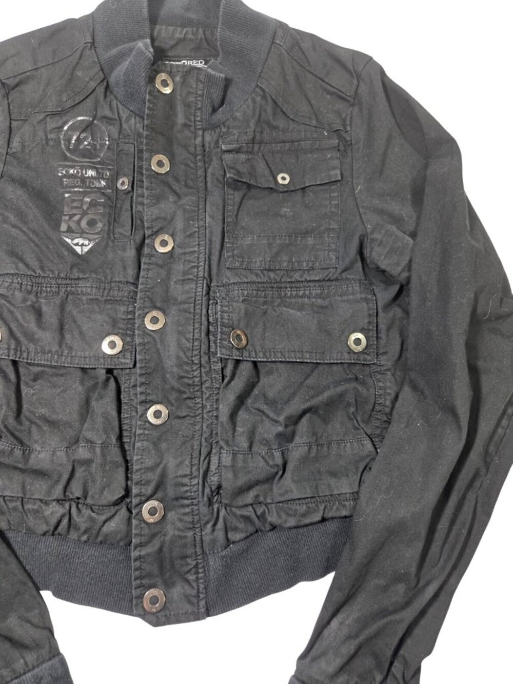 VTG Y2K Womens Ecko Unltd Cargo Utility Bomber Jacket Black Sz M Grunge Skater - Picture 4 of 6